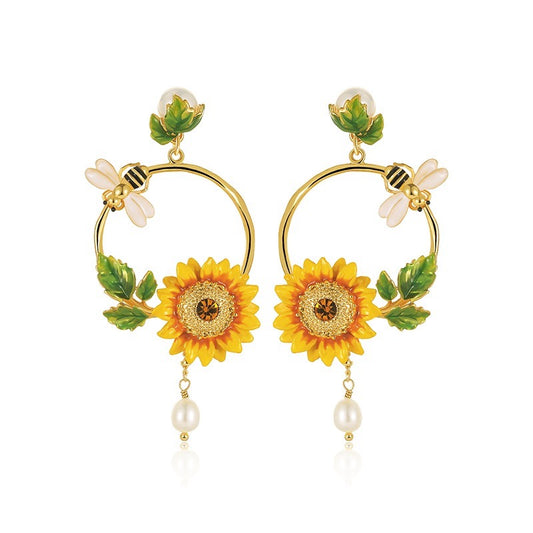 Sunflower Handcrafted Gold Plated Enamel Earrings