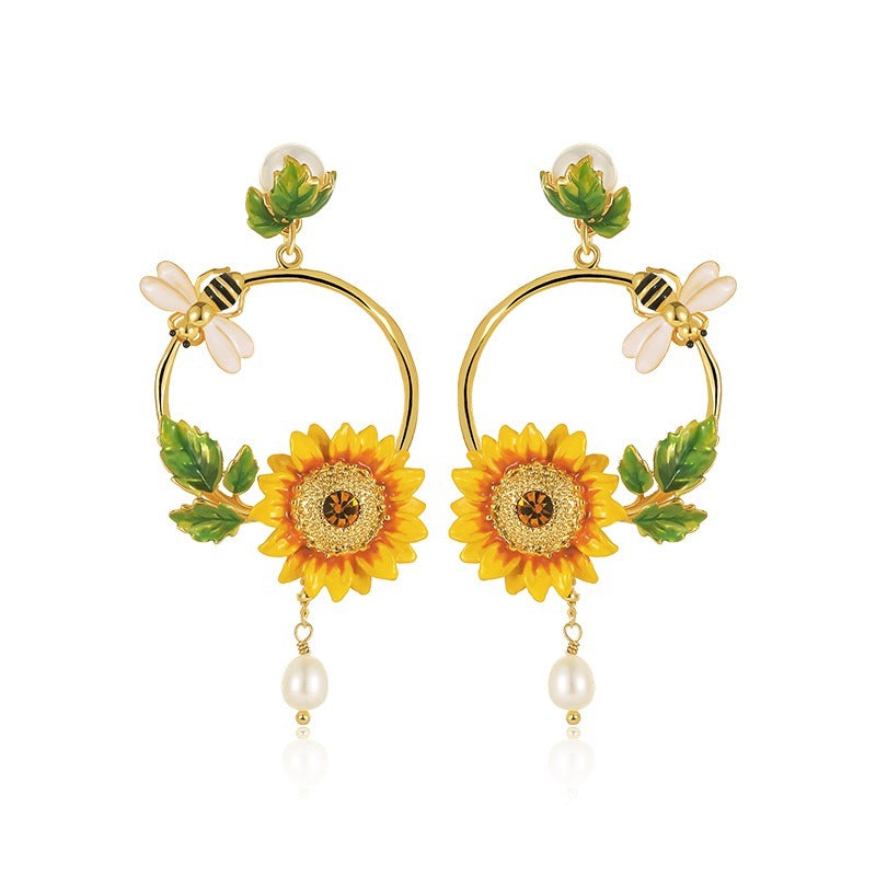 Sunflower Handcrafted Gold Plated Enamel Earrings