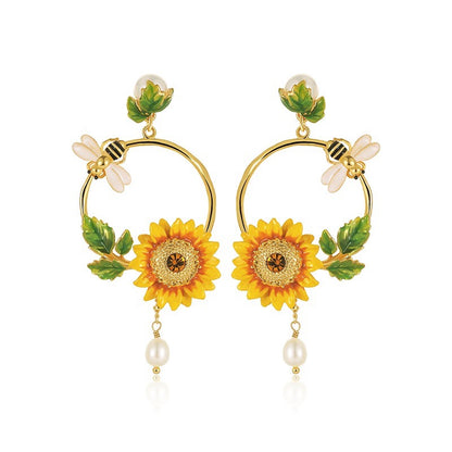 Sunflower Handcrafted Gold Plated Enamel Earrings