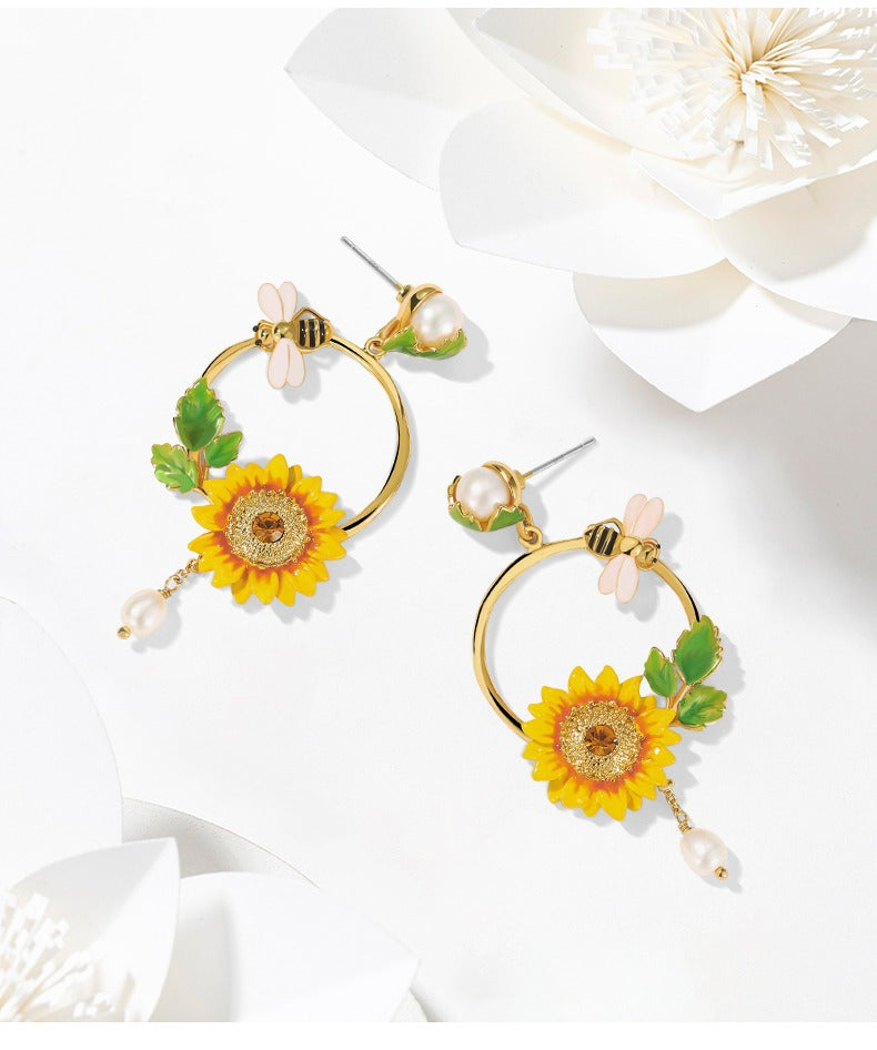 Sunflower Handcrafted Gold Plated Enamel Earrings