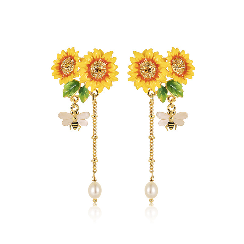 Sunflower Handcrafted Gold Plated Enamel Earrings