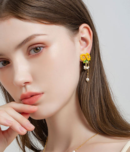 Sunflower Handcrafted Gold Plated Enamel Earrings