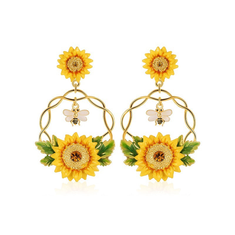 Sunflower Handcrafted Gold Plated Enamel Earrings