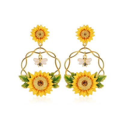 Sunflower Handcrafted Gold Plated Enamel Earrings