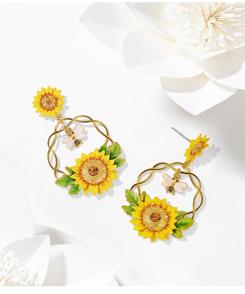 Sunflower Handcrafted Gold Plated Enamel Earrings