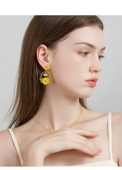 Sunflower Handcrafted Gold Plated Enamel Earrings